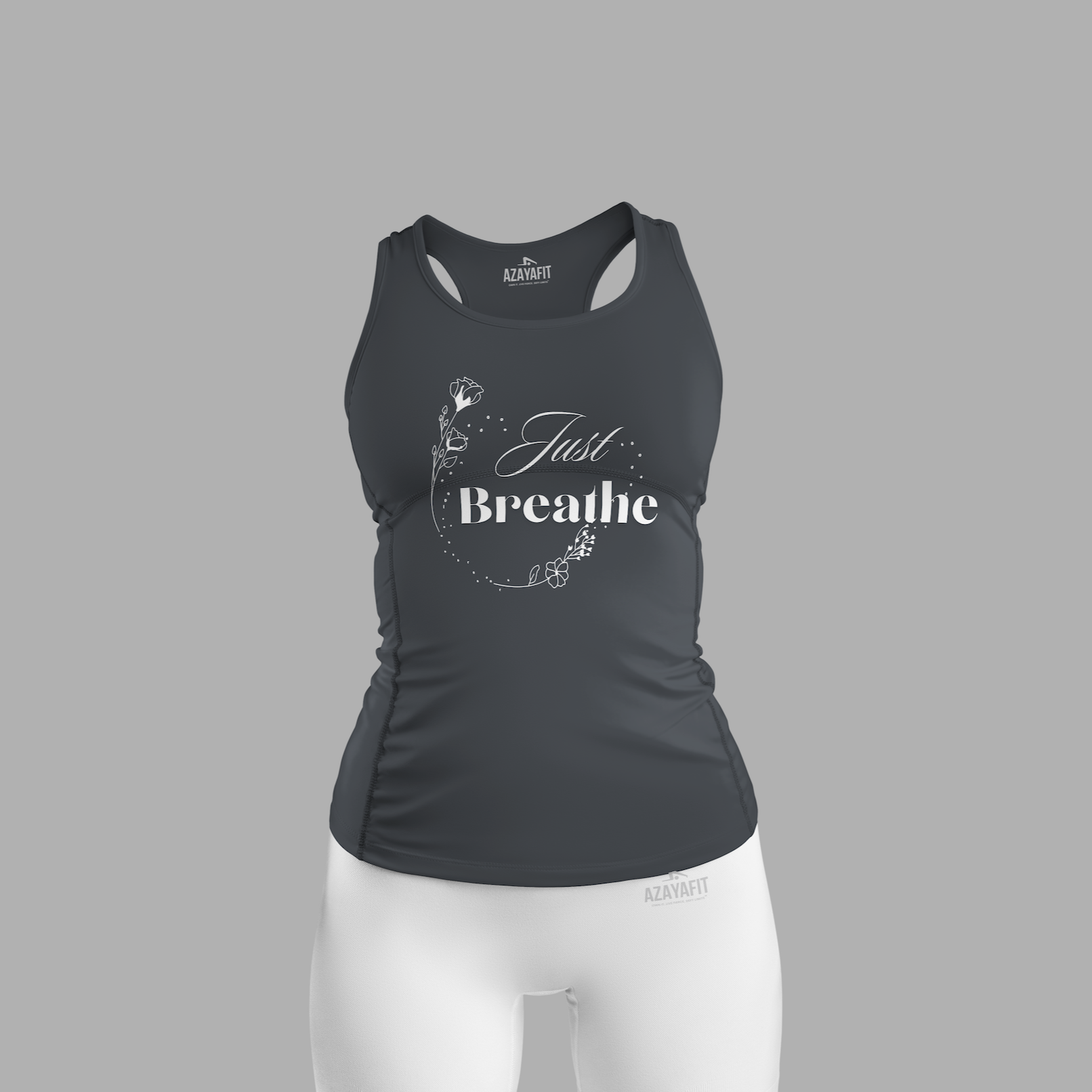 Black tank top with 'Just Breathe' text and white shorts on a gray background