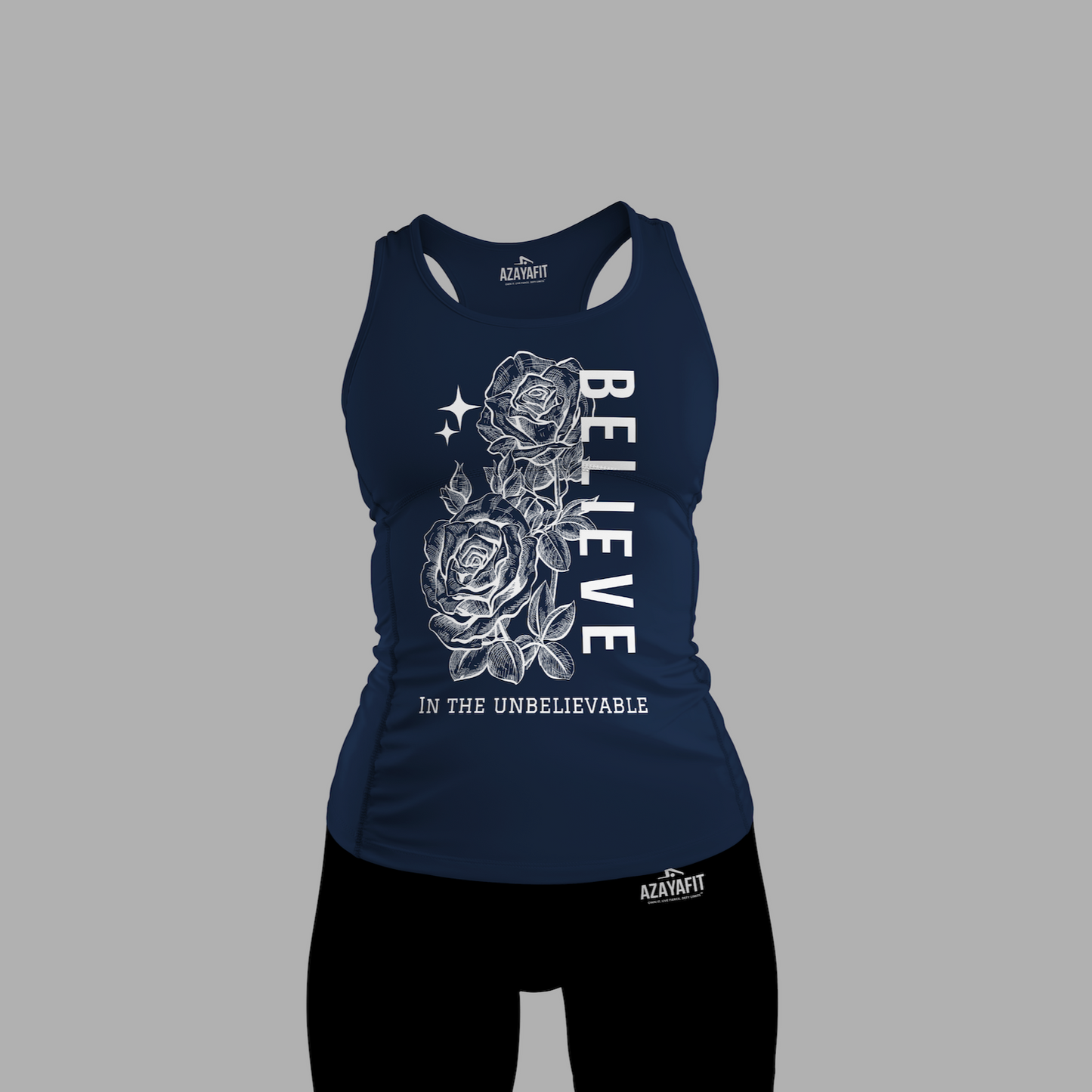 Navy tank top with floral design and text on a gray background