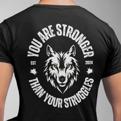 Back view of a man wearing the Unstoppable Strength tee, a comfortable and stylish shirt designed for confidence and resilience.