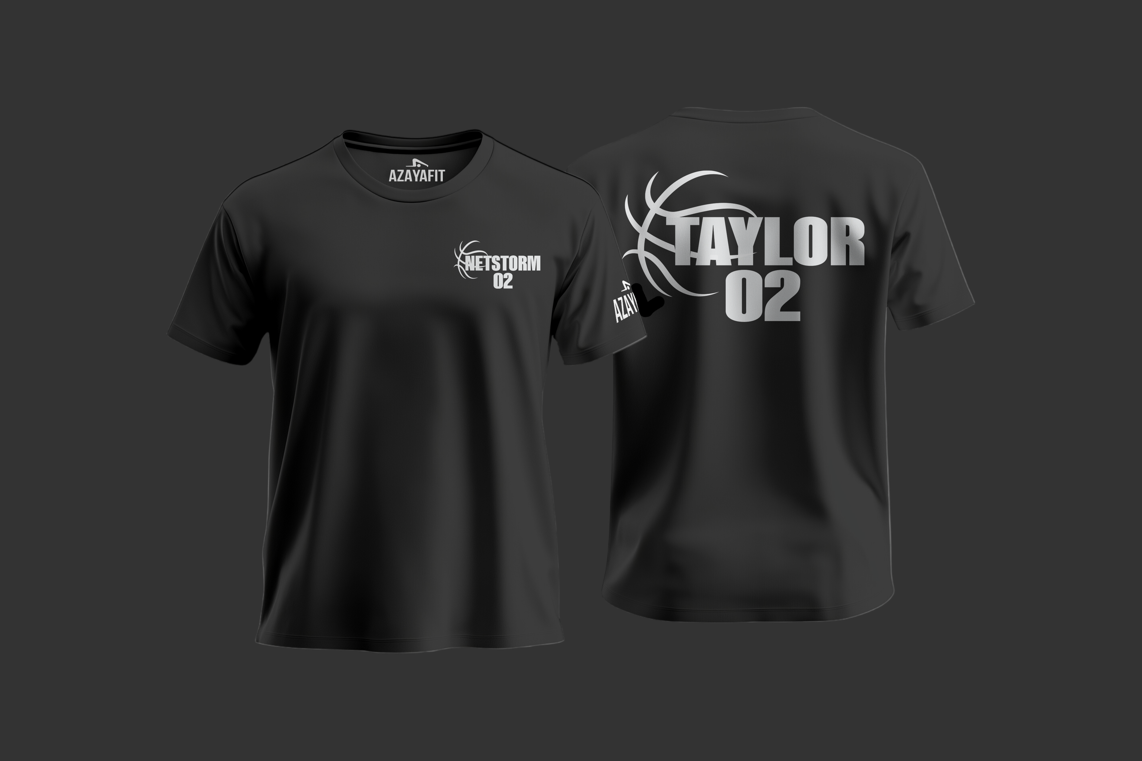 Black t-shirt with white text and logos on a gray background