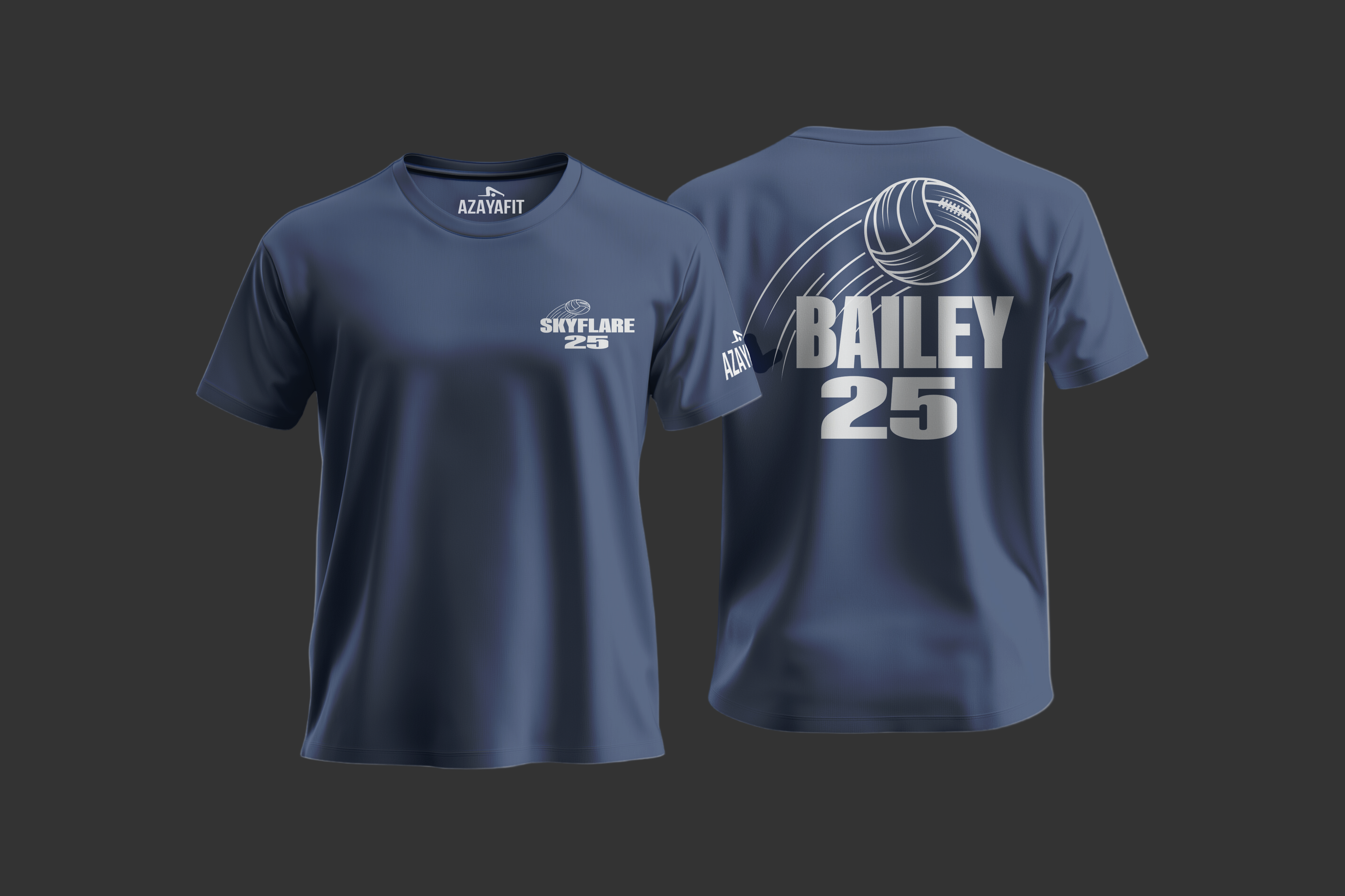 Navy blue t-shirt with personalized text and volleyball design on a gray background