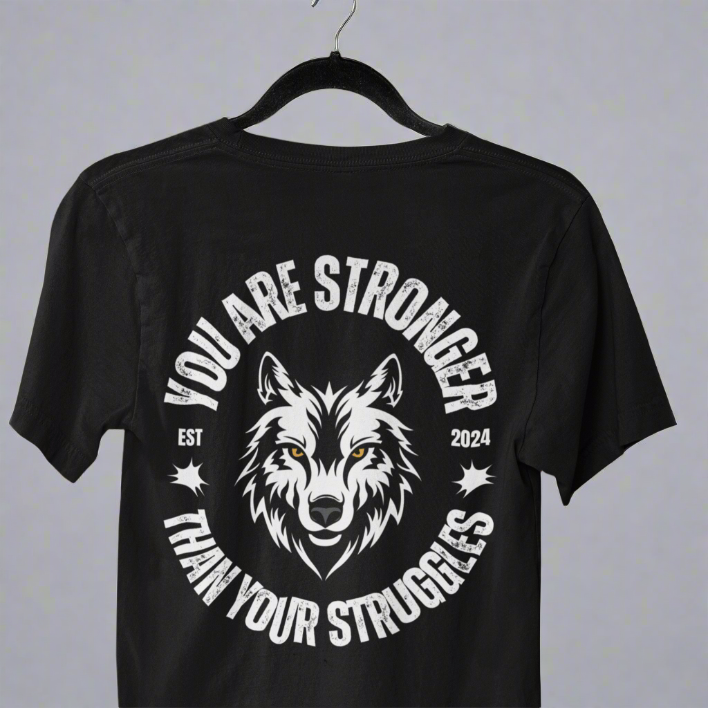 Back view of the You Are Stronger T-shirt displayed on hanger , featuring a bold design that symbolizes strength and resilience.
