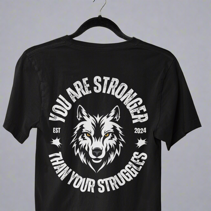 Back view of the You Are Stronger T-shirt displayed on hanger , featuring a bold design that symbolizes strength and resilience.